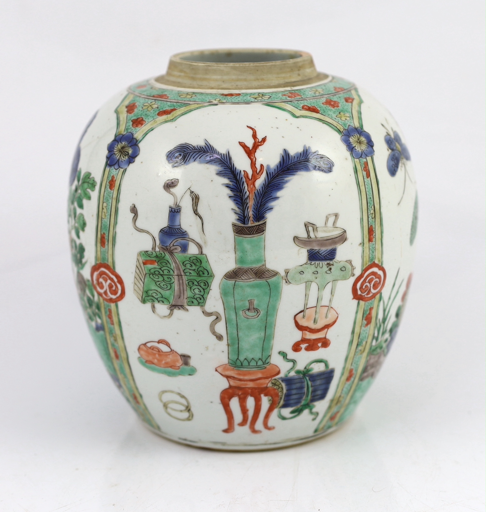 A Chinese famille verte 'Hundred Antiques' ovoid jar, Kangxi period, star crack